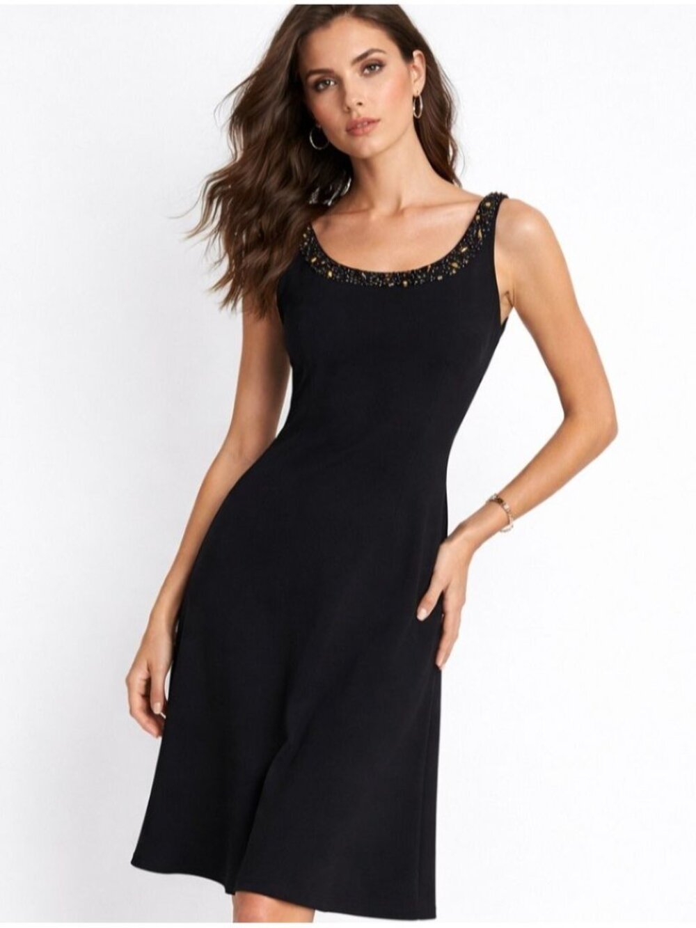 Jones New York Black Beaded Neck Dress Size 8 Sleeveless A-Line Cocktail Evening